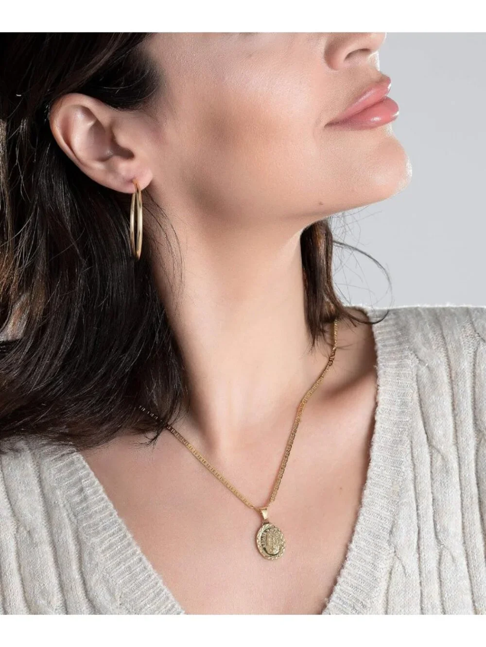 18K Gold Plated Flat Mariner Chain Necklace with Virgin Mary Guadalupe Charm